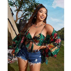 Tropical Print Knot Front Crop Cami Top & Batwing Sleeve Kimono NWT